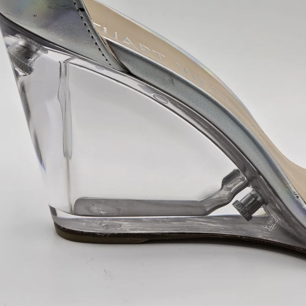 Stuart Weitzman Silver Nudist Lucite Iridescent Clear Wedge Sandal Size 7 - Picture 5 of 15